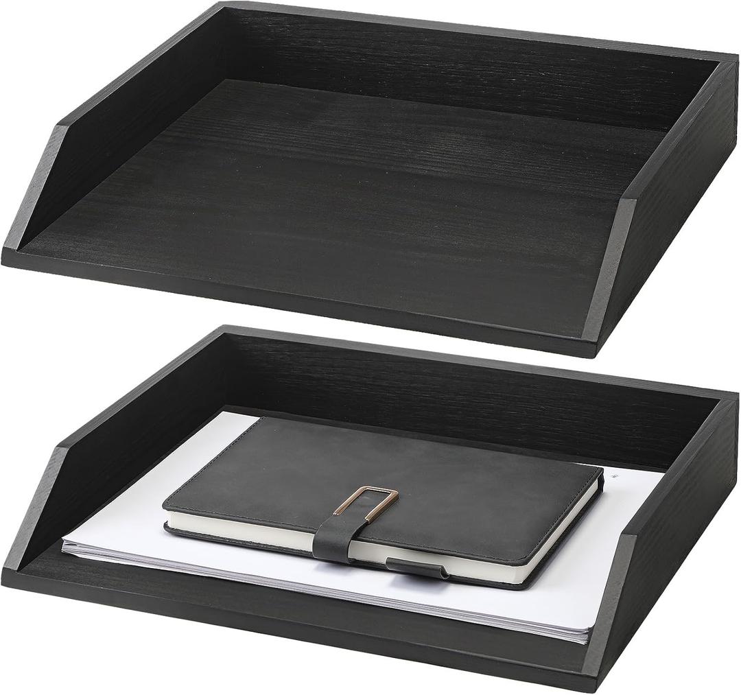 Beeveer 2 Pcs Wooden Letter Tray Wood Letter-Size Desk Organizer Heavy Duty 2 Tier Stackable Support Paper Tray Desktop Drawer File Folder Magazine Office Accessories Back to School(Black)