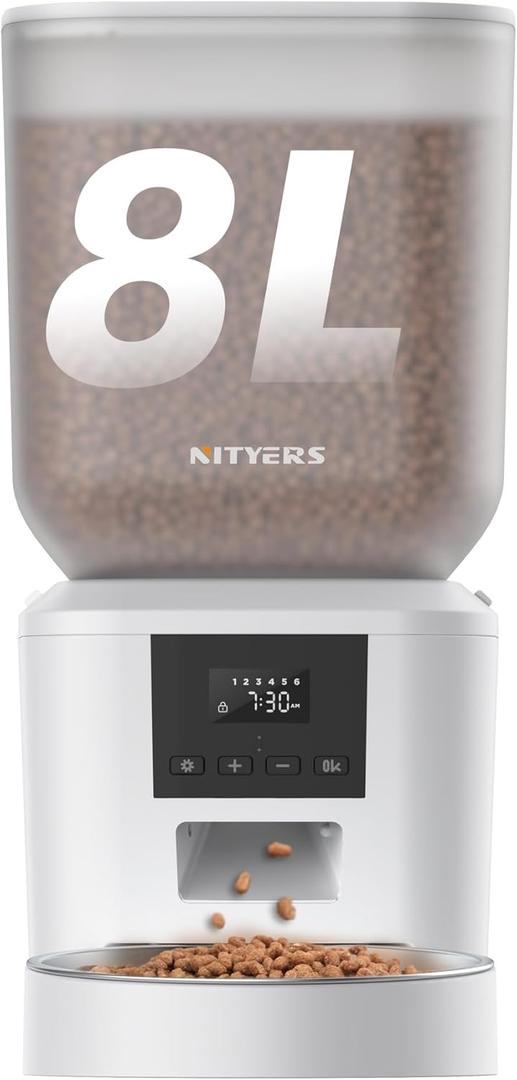 Automatic Dog Feeder - 8L/34 Cups Large Capacity Automatic Cat Food Dispenser with LCD Screen, Large Food Tray, Battery Operated, Timed Cat Feeder, Up to 50 Portions 6 Meals Per Day, Keeps Fresh (White)