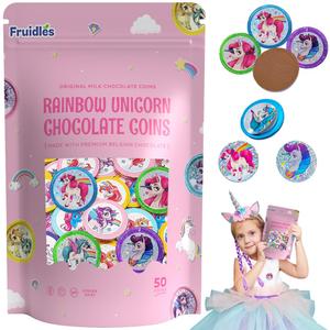 Fruidles Rainbow Unicorn Chocolate Coins With Stickers, Milk Chocolate Coins in Foil, Chocolates Kosher Certified (50 Pack) (EXP 06/08/27)
