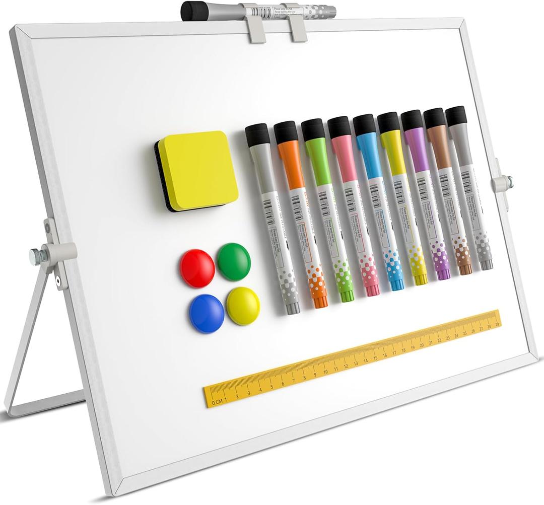 Dry Erase White Board, 16"X12" Double-Sided Magnetic Whiteboard with Stand,10 Markers,1 Ruler,4 Magnets,1 Eraser, Portable Small White Board Easel for Wall Kids Drawing Office School Memo to Do List