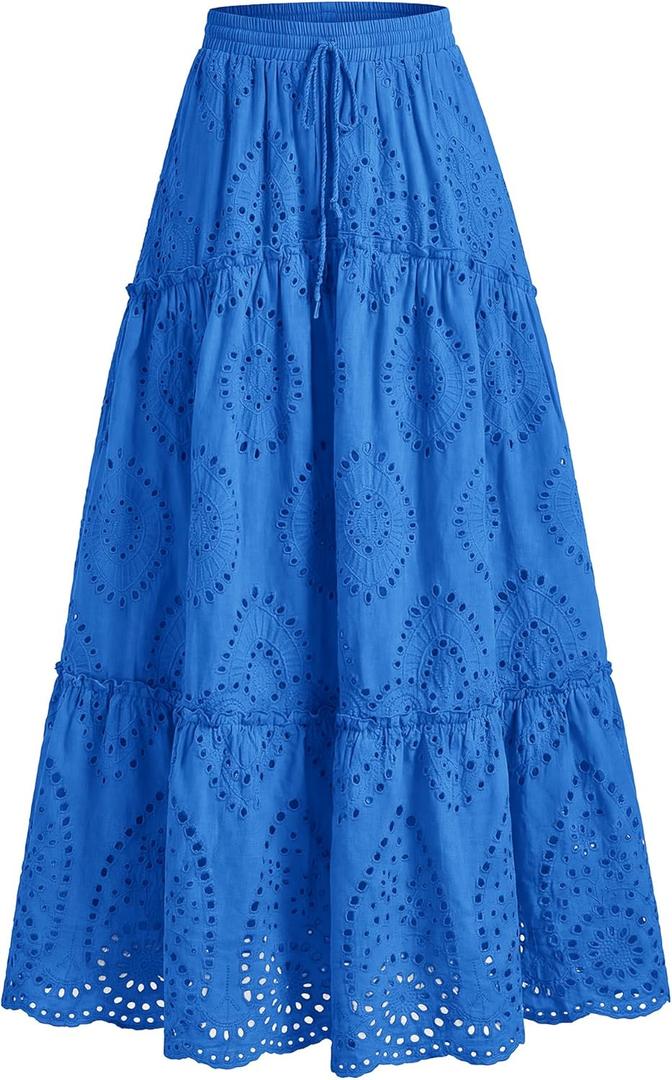 BTFBM Long Skirts for Women Summer 2026 Boho Lace Embroidery High Waist Flowy Tiered Spring Maxi Skirt Beach Vacation (Medium, Blue)