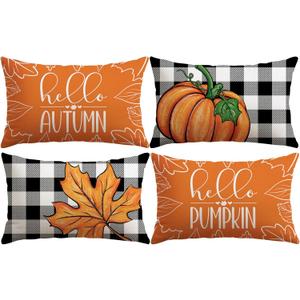 Artscope Fall Decorative Throw Pillow Covers 12x20 Inch Set of 4 Fall Gifts for Home Decor, Buffalo Plaid Autumn Pumpkin Maple Leaves Harvest Decoration Pillow Cases for Home Sofa Couch Decor-Orange A