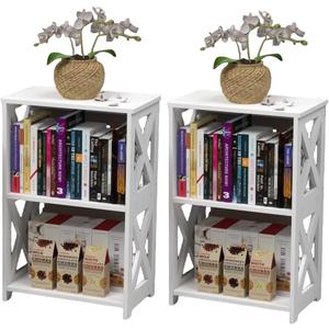 End Table Living Room Set of 2, White Side Table 3-Tier, Nightstand, Small Bookcase Bookshelf for Bed Sofa Couch