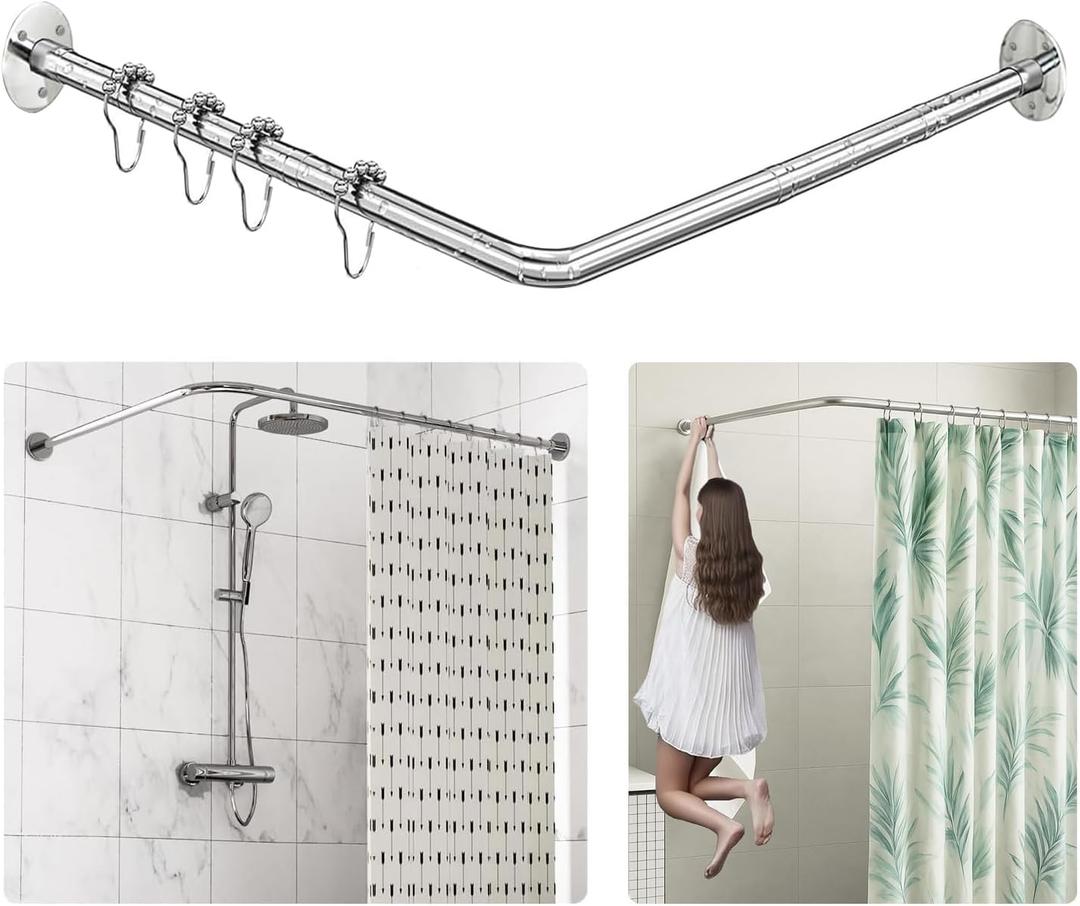 L Shaped Shower Curtain Rod, Adjustable (23.6"-52.4" x 23.6"-52.4"), Corner Shower Curtain Rod, Genuine 304 Stainless Steel, Unsagging, Drill-Free, 90 Corner Design, Includes 12 Shower Curtain Rings