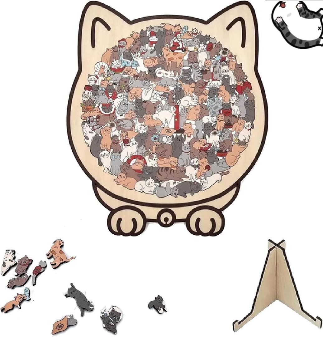 135-Piece Colored Cat Shaped Wooden Jigsaw Puzzle, Cats Shaped Wooden Puzzle, Unique Animal Shape Wood Puzzle Gifts for Cats Lovers, Christmas, Home Decor
