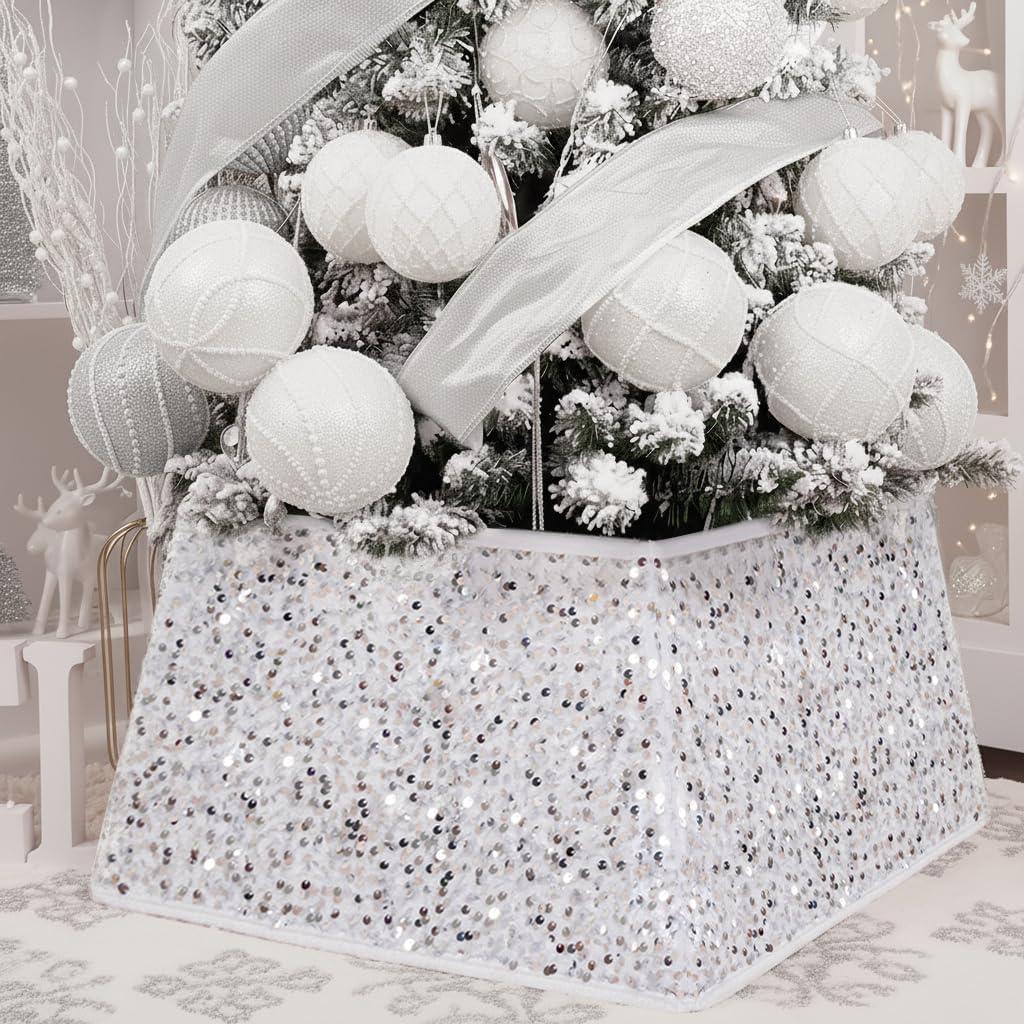 XmasExp Christmas Tree Collar, 24 inch Sequin Tree Skirt Stand Base Cover for Home Decor, Medium Size 4 Piece, White (Small)