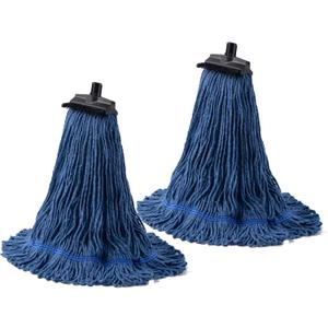 Matthew Large Heavy Duty Mop Head Commercial Replacement for General and Floor Cleaning, Screw-on Wet Industrial Cotton Looped End String Head Refill (Blue Pack of 2) w/ Built-in Flexible Bristle Brush