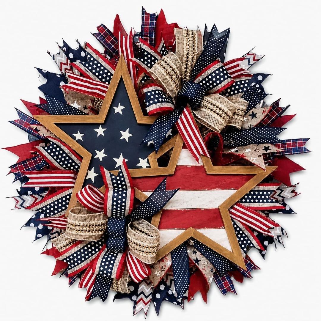 America's 250th Wreath, 15.7" Rustic Wood Star Door Hanger for July 4th Decor