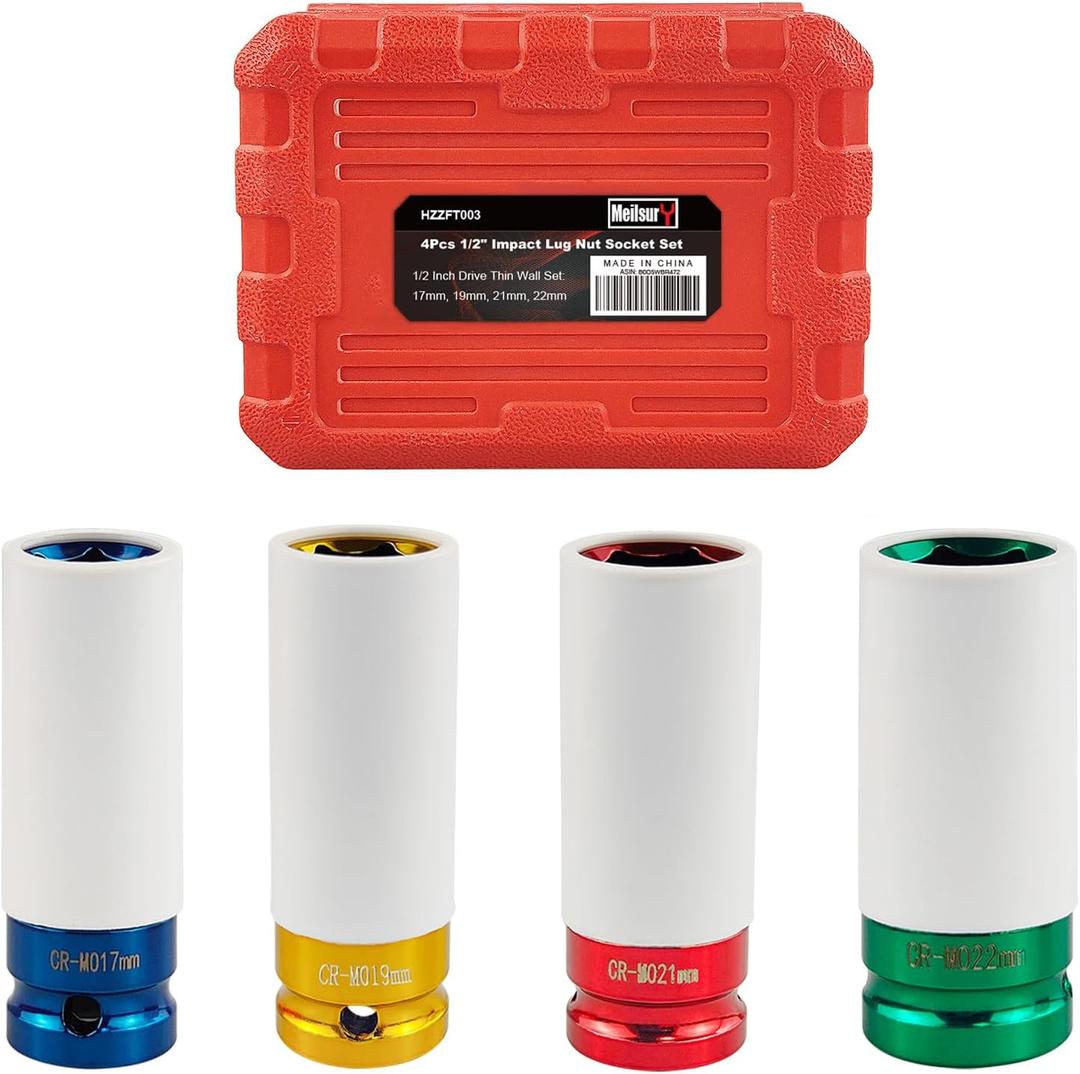 4-Piece 1/2" Drive Wheel Protector Impact Socket Set, Non-Marring Protective Wheel Lug Nut Impact Socket Set, includes sizes 17mm, 19mm, 21mm, and 22mm