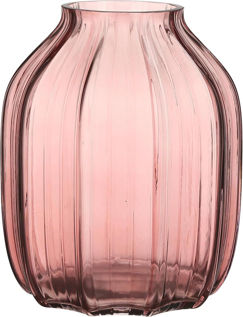 Large Pink Glass Vase for Flowers Ribbed Tall Pink Red Floor Vase 8.0" Decorative Vases for Home Table Centerpieces Flowers Decor and Farmhouse