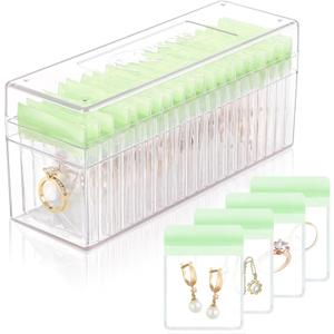 HOMEHIVE Acrylic Jewelry Box Organizer, Clear Jewelry Organizer Holder with 20 Portable Anti Tarnish Jewelry bags, Travel Jewelry Case for Earrings/Rings/Necklaces for Women Girls, Green