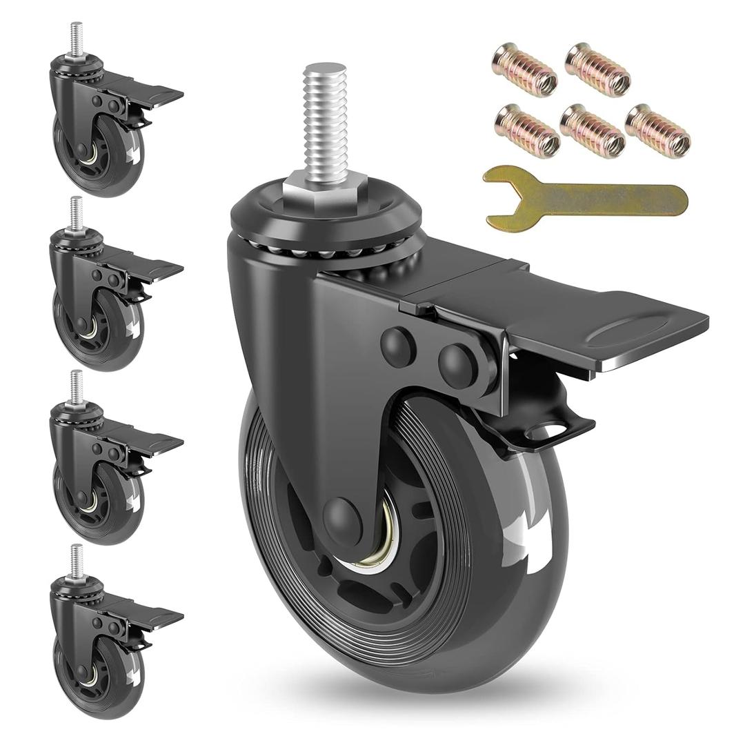 Caster Wheels Sets 5 with Metal Brakes,3 inch Heavy Duty Swivel Castors with 5/16"-18 UNC Threaded stem,Mute Rubber Wheels Replacement for Hardwood,Carpet,Tile, Including Screw Inserts