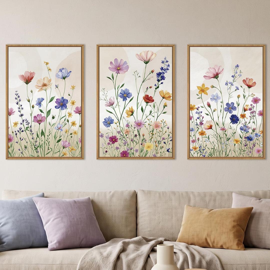 Aurlan Boho Watercolor Wildflower Framed Canvas Wall Art Set-24“x36 x3