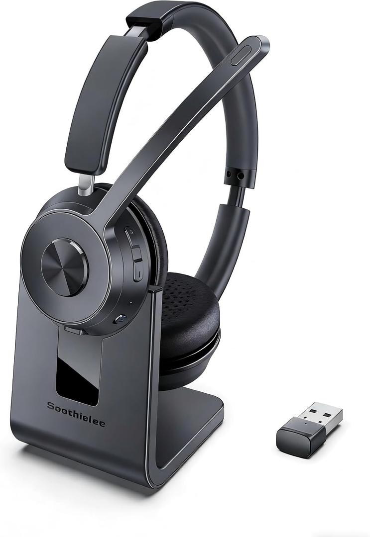 Soothielec Wireless Headset with Mic for Work, Bluetooth Headset with Noise Cancelling Microphone, Headphones with Mic Mute & USB Dongle for PC/Computer/Laptop/Cell Phones/Remote Work/Call Center