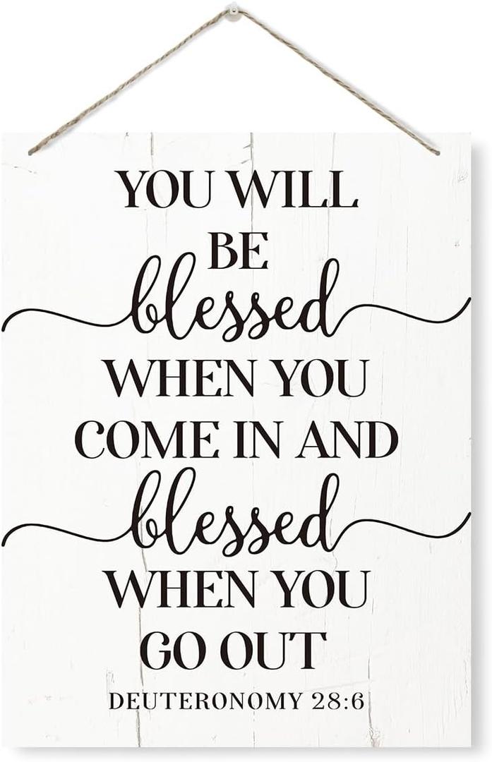 Religious Decor Sign, You will Be Blessed When You Come In Sign, Rustic Wooden Hanging Plaque Sign, Christian Decor, Farmhouse Decor for Front Door, Door Hanger, Bible Verse Deuteronomy 28:6 Sign
