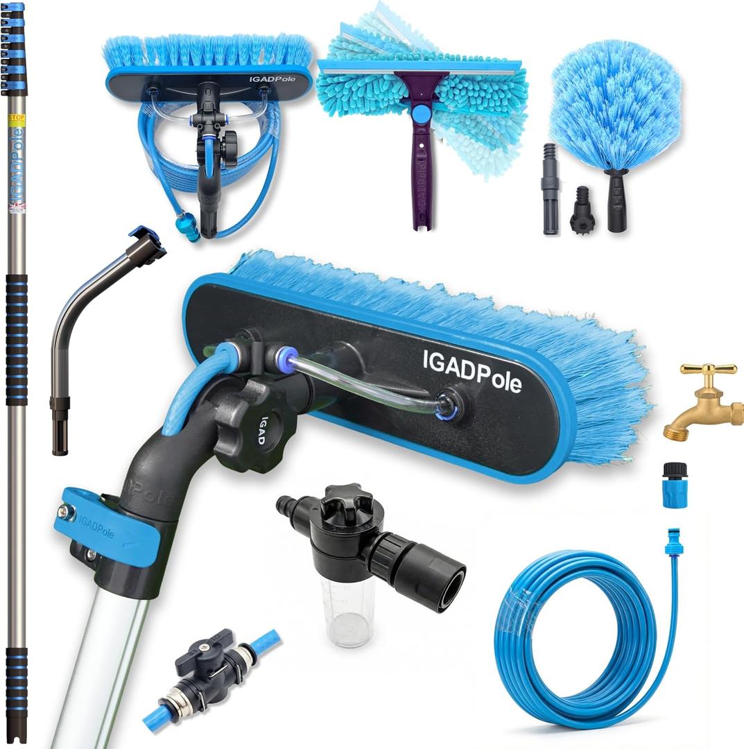 IGADPole 28 FT Water-Fed Washing Kit with Soap-Dispenser, Brush, 10 Squeegee & Cobweb Duster for Windows, Gutters, Solar Panels & Exterior Walls