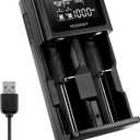 Tenergy TN471U 2-Bay Universal Battery Charger with LCD for Li-ion/NiMH/NiCD Rechargeable Batteries, Micro USB Input, Portable Charger for Batteries Sizes 18650, 16340, 26650, AA, AAA, and More