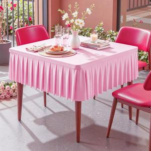 Pink Square Tablecloth - 34x34 Inch Stretchy Fitted Tablecloths for Small Square Card Tables with Ruffle Pleated Table Skirt Wrinkle-free Spandex Table Cover for Dining, Kitchen, Patio & Gift Display
