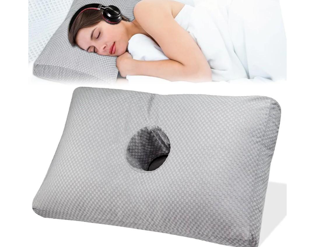 Ear Piercing Pillow for Side Sleepers with a Big Hole, Adjustable Height Ear Pillows for Ear Pain CNH, Pain Relief Sleeping, Skin-Friendly & Washable Pillowcase (20 x 13 x 4.5 inches - Gray)