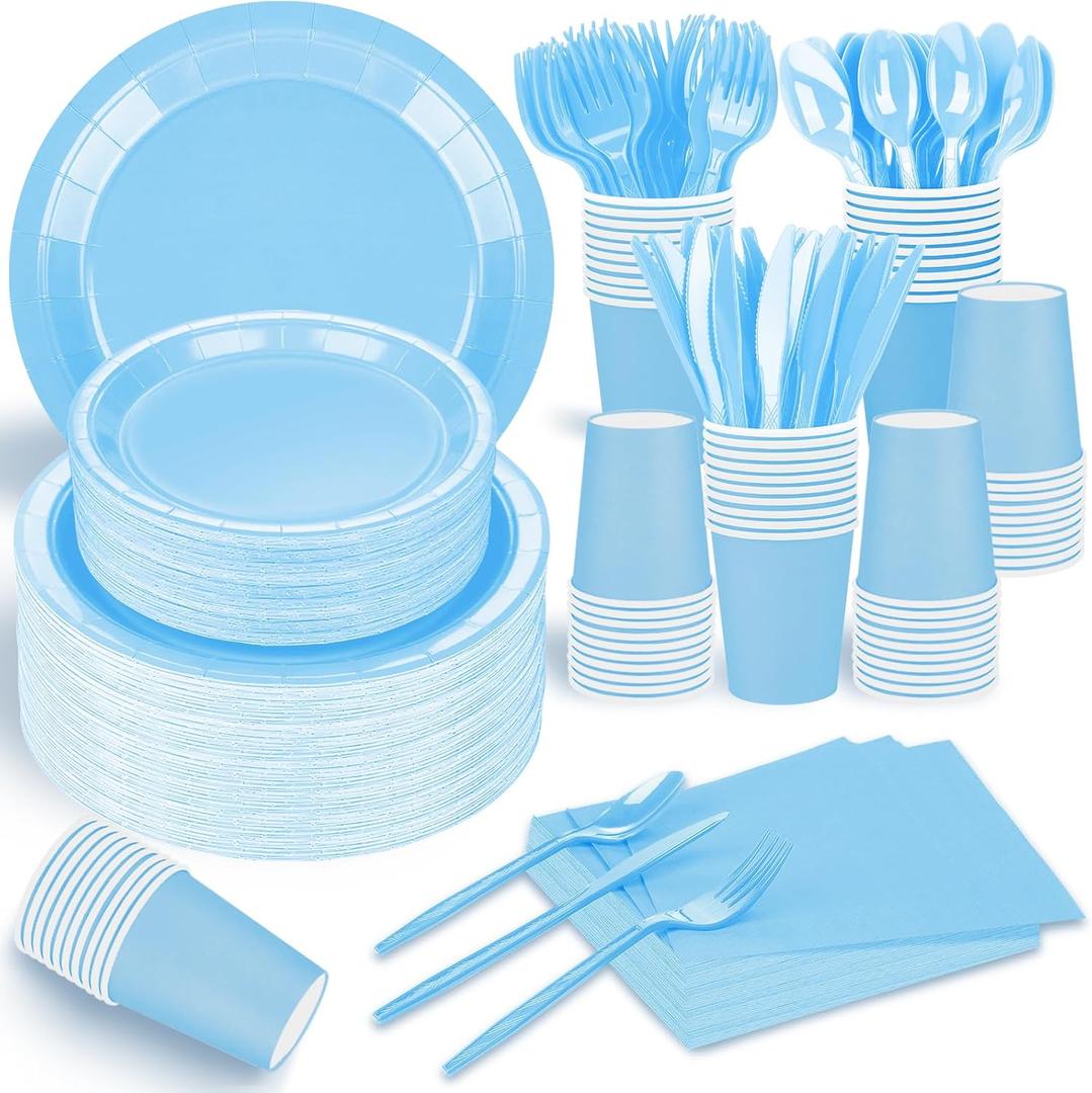 TWOWYHI 228PCS Light Blue Party Supplies Set Include Paper Plates Cups Paper Napkins Plastic Spoons Forks Knives for 30 Guests Disposable Party Dinnerware for Birthday Wedding Family Picnic