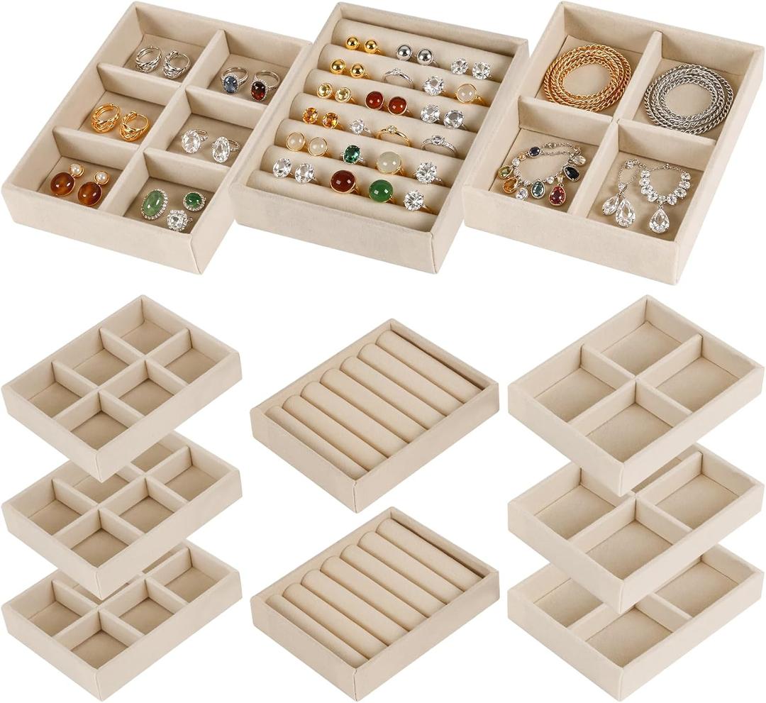 8-Piece 6" Velvet jewelry drawer organizer inserts Removable Dividers, Stackable Drawer Organizer for Rings Earrings Makeup, Vanity Dresser Storage