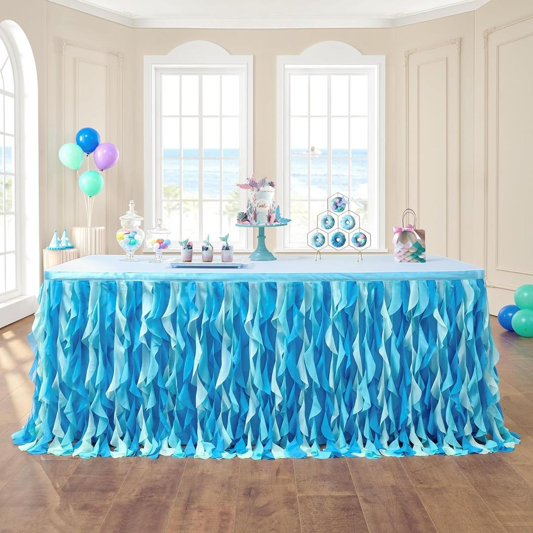 leegleri 6FT Tulle Ruffle Curly Willow Table Skirt for Rectangle or Round Tables, Under The Sea Ocean Blue Baby Shark Themed Tutu Table Skirt for Baby Shower, Birthday Party (72" x 72" (Rectangle, Round, Square))
