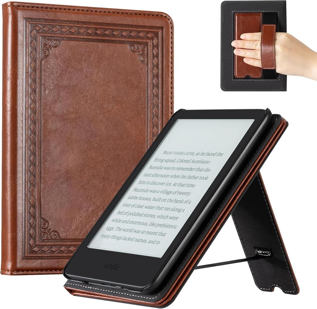 CoBak Case with Stand for 6 Inch Kindle 2024 and 2022 Releases (11th Generation) PU Leather Smart Cover with Auto Sleep/Wake & Hand Strap, Premium Protective Case for Kindle Basic,Vintage Brown