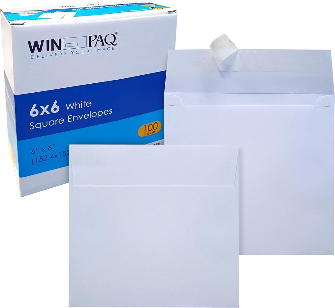 WINPAQ 6 x 6 Square Envelopes, 100 Pack  70lb White, Peel & Seal Closure, Perfect for Invitations, Greeting Cards, and Announcements