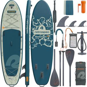 Retrospec Weekender Plus 10' Inflatable Stand Up Paddleboard Double Layer PVC iSUP Bundle w/Carrying case, 3 Piece Adjustable Aluminum Paddle, 3 Removable fins, Pump, and Cell Phone case
