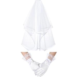 Geyoga 2 Pcs First Holy Communion Veil and Gloves Set 1st Holy Communion Accessories for Wedding Party Costume