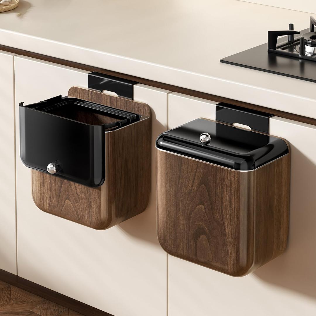 Large 3.2 Gallon Compost Bin, Under Sink Garbage Can with Lid, Hanging Waste Cabinet for Office Kitchen Cupboard Bathroom Bedroom, Walnut Color