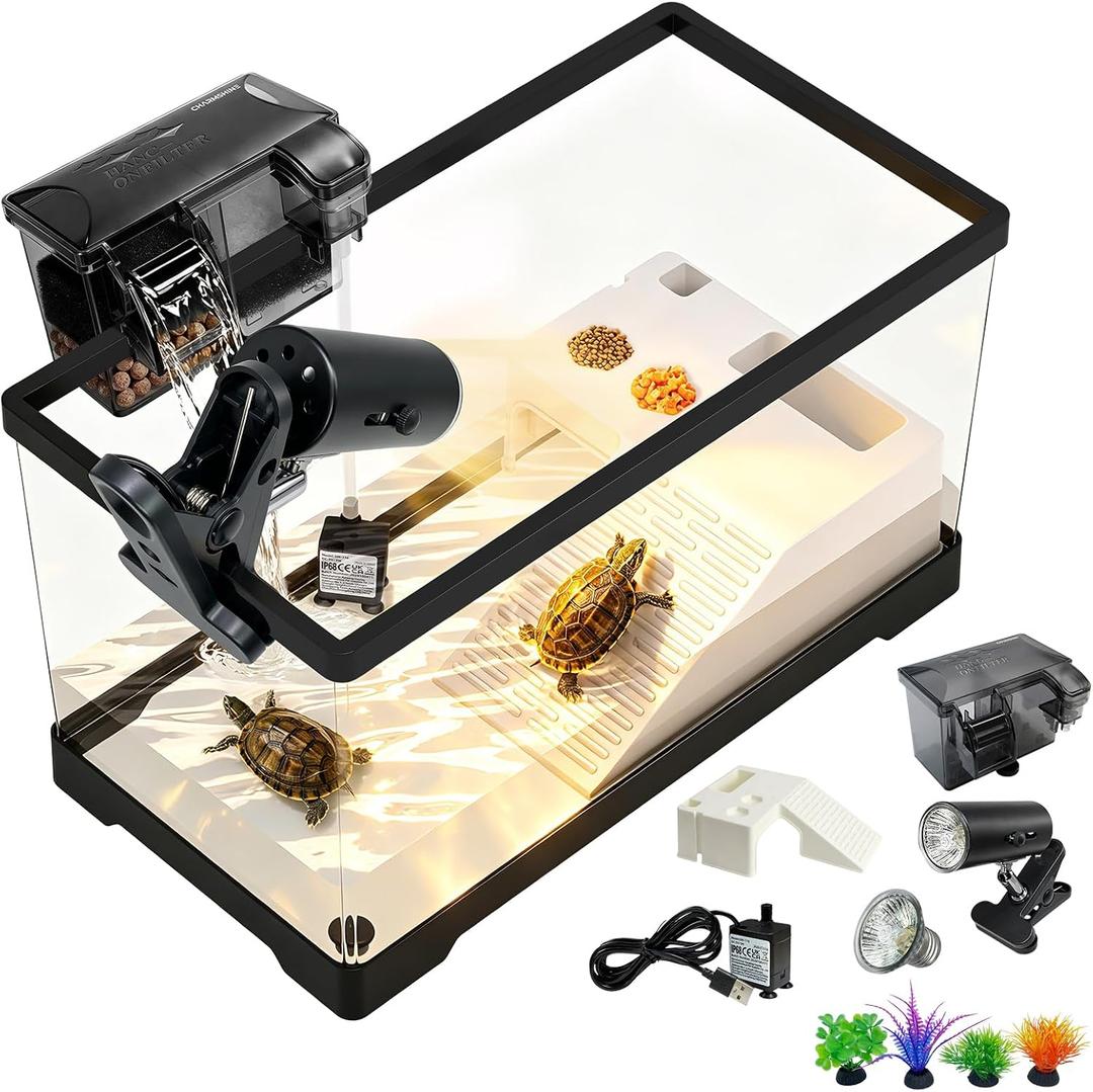 15.7in Turtle Tank Starter Kit with Basking Platform, Hang-on-Back Tank Filter, Adjustable Flow Pump & 360° Timer Basking Light, Bottom Drainage Reptile Aquarium for Small Turtles Aquatic Pets