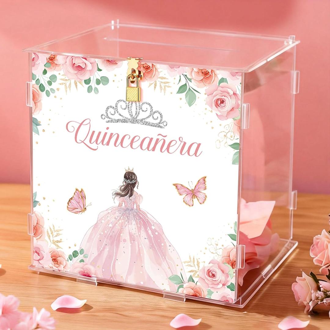 Novabright Quinceanera Money Cash Box Quinceanera Acrylic Cardholder Gift Box with Lid and Lock for Sweet 15th Birthday Coming of Age Ceremony Quinceaneras Party Decor
