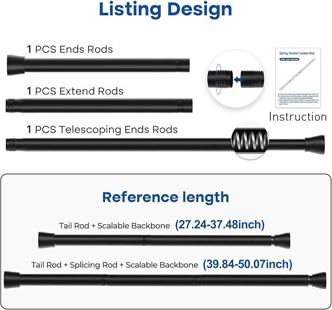 QINGYUN Black Tension Curtain Rod 28 to 48 Inch Spring Rod No Drilling Adjustable Shower Curtain Rod for Windows, Bathrooms, Closet, Kitchen