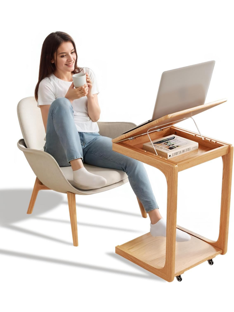 Wooden C-Shaped End Table,Couch Table with Adjustable Desktop,Small Rolling Side Table with 2 Lockable Wheels,Small End Table for Couch, Living Room,Bedroom (Natural)