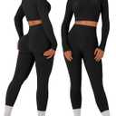 OLCHEE Womens Workout Sets 2 Piece Seamless Long Sleeve Crew Neck Crop Top Shirts Scrunch Butt Leggings Gym Yoga Outfits (Large, Black)