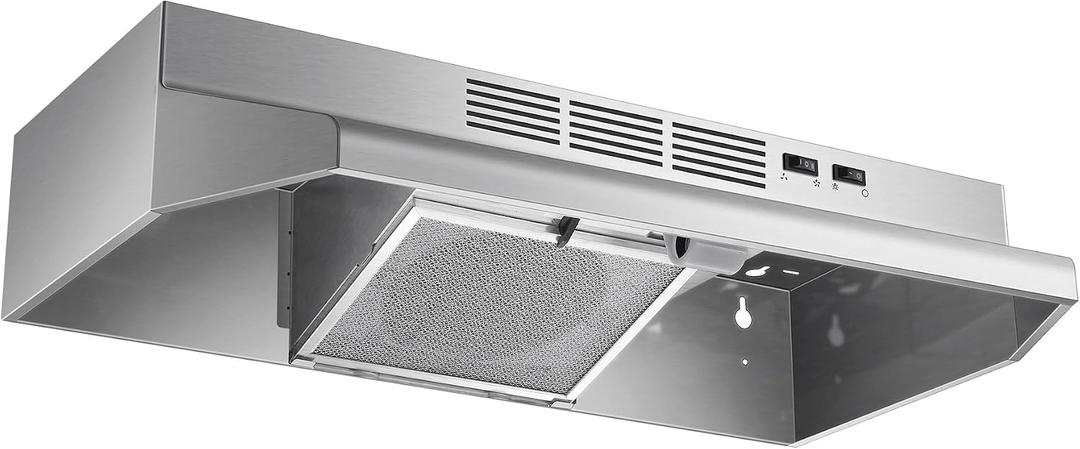 Tieasy 30 inch Range Hood Under Cabinet, 400 CFM Ducted/Ductless Convertible Vent Hood with 2 Speed Exhaust Fan, Rocker Switch Control, Multiple Venting Options, Stainless Steel Kitchen Stove Hood