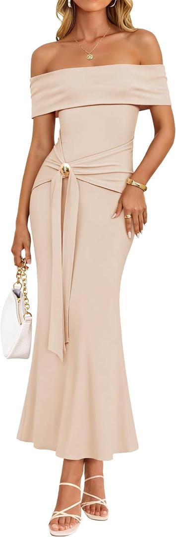 ZESICA Womens Summer Off The Shoulder Bodycon Maxi Dress 2026 Elegant Wedding Guest Formal Cocktail Party Long Dresses, Size M