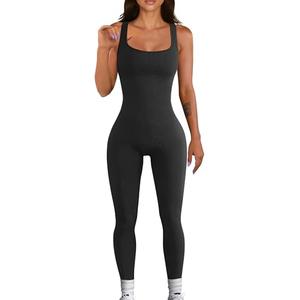 YIOIOIO Women Workout Seamless Jumpsuit Yoga Ribbed Bodycon One Piece Square Neck Shorts Romper S