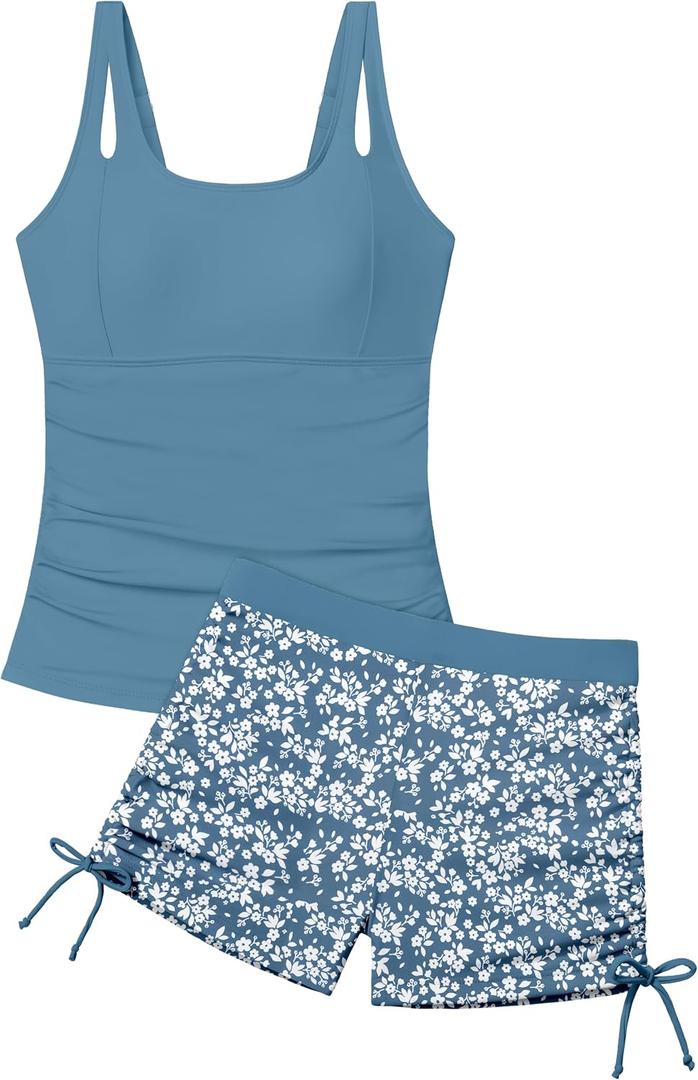 Girls Tankini Swimsuit 2 Piece Bathing Suits for Girls Square Collar Swim Tank Top and Drawstring Bottoms for 9-16Y
