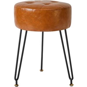 IBUYKE Faux Leather Round Footrest, Makeup Vanity Stool Side Table, PU Dressing Table Seat, Pouf Couch Stool, Golden Steel Legs, Light Brown LG-31J