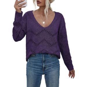 EVALESS Women's Crochet Sweater Top Hollow Out Long Sleeve Pullover Tops Fall Outfits Fashion 2024 (XX-Large, Kyoho Grape)