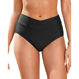 Women V Cut Bikini Bottoms - High Waisted Full Coverage Swimsuits Cross Front Bathing Suit Bottoms 2026 (Large, Black)