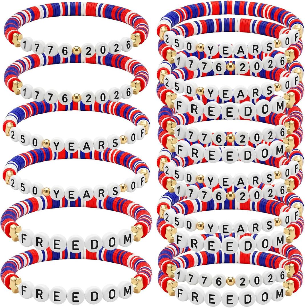 Huquary 48 Pcs 4th of July 250 Years of Freedom Theme Bracelets 1776-2026 Party Favors 250th Anniversary Memorial Day Party Supplies Red White Blue Patriotic Clay Bracelets for Independence Day Gift