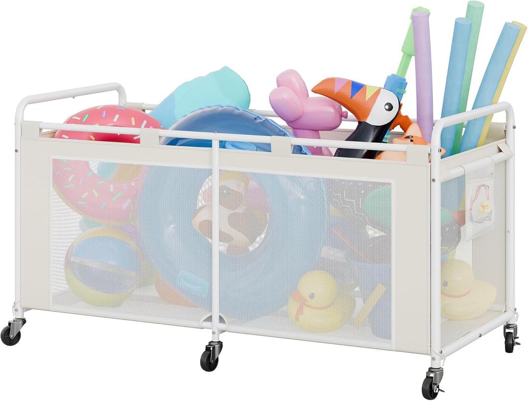GRANNY SAYS Pool Float Storage Organizer, 290-Gallon Large Pool Storage Bin,35" Pool Toy Storage Cart with Wheels for Floats,Toys and Balls,Mesh Poolside Storage Holder for Swimming Pool,Beige