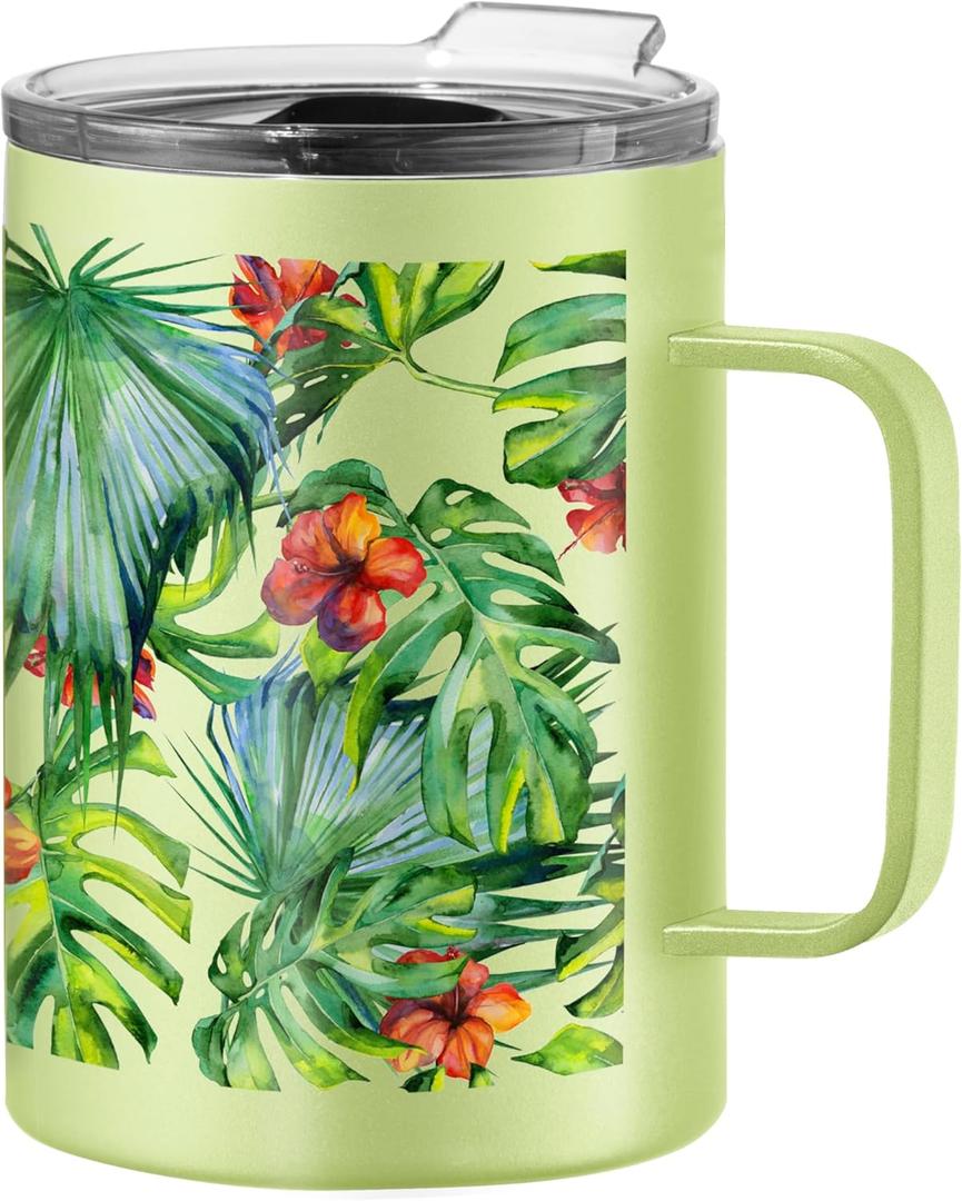 Oggi ThermoMug Stainless Steel Insulated Mug- Double Wall Vacuum Insulated w/Handle & Lid, Coffee Cup, Camping Mug, Travel Thermos, 14oz(420ml), Tropical