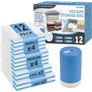 Cozy Essential Travel Vacuum Storage Bags with Rechargeable Cordless USB Pump, Space Saver Bags for Luggage, Suitcase, Carry-On, for Clothes, Blankets, Bedding & Seasonal Storage, 12 Combo