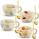 Vesici 4 Styles Cute Ceramic Flower Coffee Mug Set 8.5 oz Christmas Vintage Aesthetic Floral Tea Coffee Cup with Handle Dishwasher Microwave Safe for Woman Girls Gifts