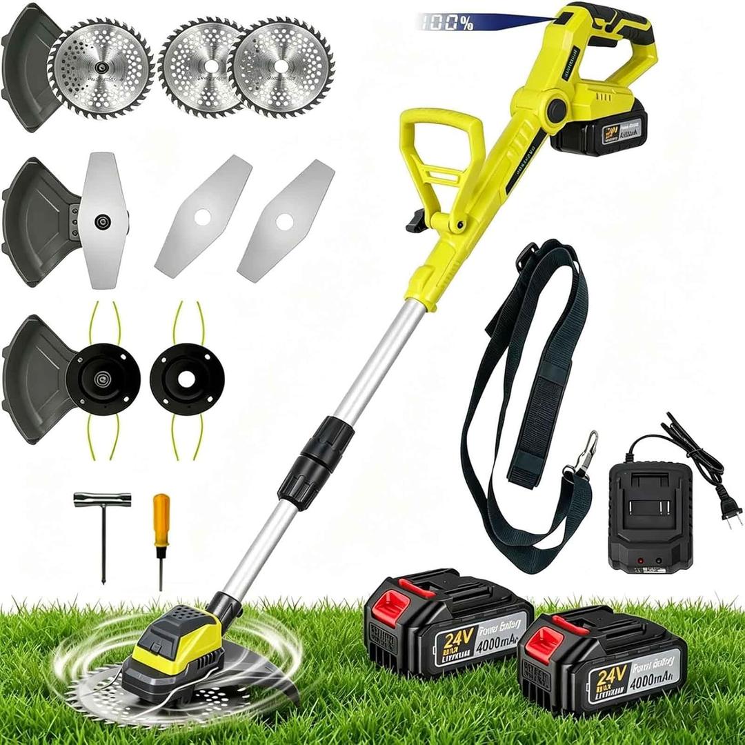 Electric Weed Wacker - 24V Battery Powered Weed Cordless Eater with 2 x 4.0Ah Batteries and Charger 3, Types Blades Brushless Electric Brush Cutter/Grass Trimmer for Yard Garden