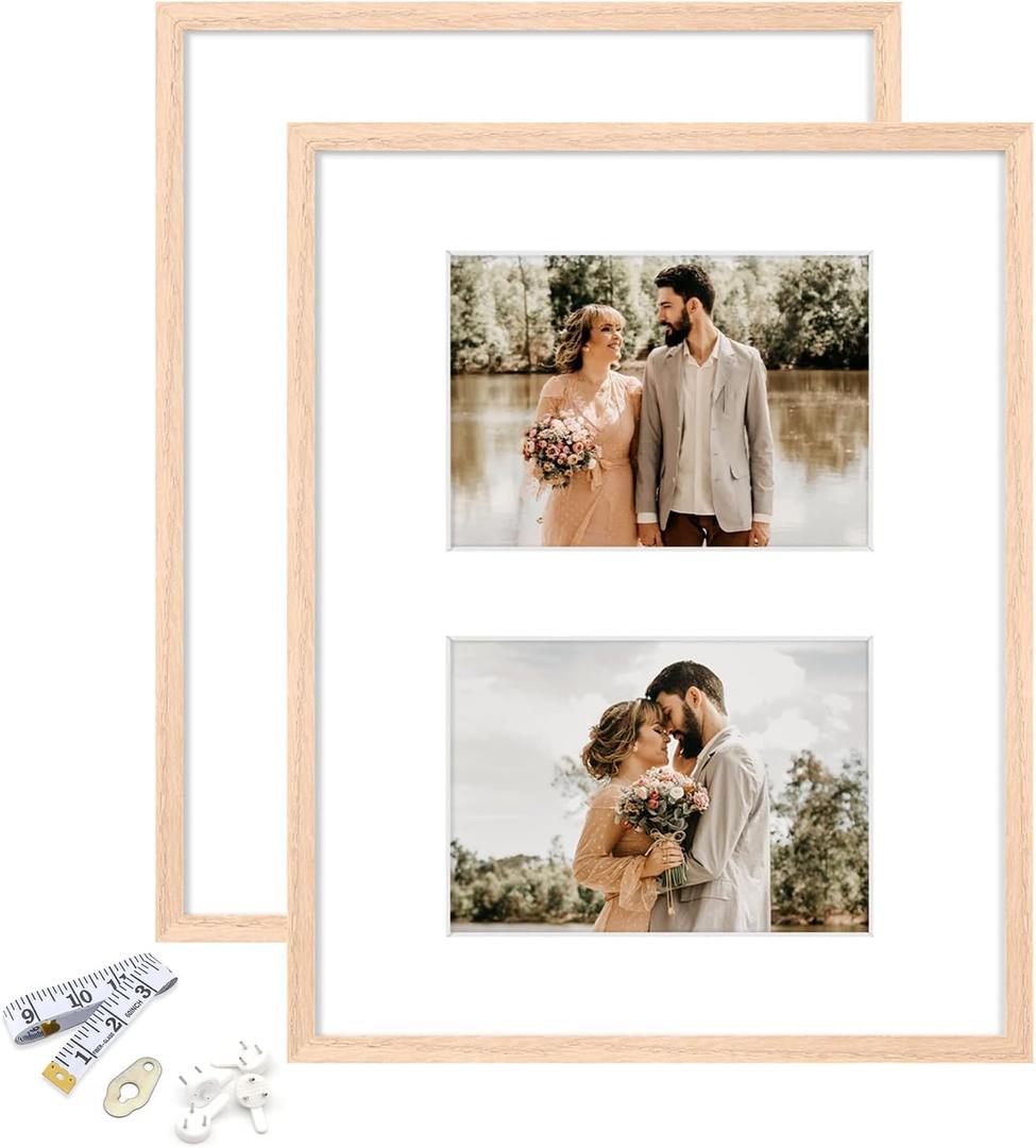 ATOBART 11x14 Picture Frame, OAK Wood Photo Frame 8x10 with Mat or 5x7 with 2 Mat with Perspex Glass for Vertical or Horizontal Tabletop Wall Display for Photo, Painting, Poster, Set of 2 (11x14, set of 2, OAK Wood-Mat)